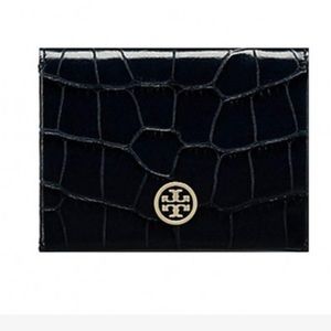 TORY BURCH PARKER BLACK CROC EMBOSSED FOLDABLE CARD CASE WALLET